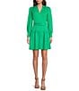 Color:Kelly - Image 1 - Belted Silky Crepe Collared Neck Long Sleeve Drop Waist A-Line Dress
