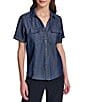 KARL LAGERFELD PARIS Chambray Point Collar Short Sleeve Studded Shirt - Image 1