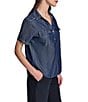 KARL LAGERFELD PARIS Chambray Point Collar Short Sleeve Studded Shirt - Image 3