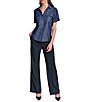 KARL LAGERFELD PARIS Chambray Point Collar Short Sleeve Studded Shirt - Image 4