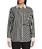 Color:Black/Soft White - Image 1 - Collared Button Down Stripe Long Sleeve Top