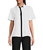 KARL LAGERFELD PARIS Color Block Short Sleeve Button Front Blouse, Color:Soft White/Black - Image 1