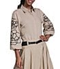KARL LAGERFELD PARIS Cotton Poplin Point Collar Long Floral Sleeve Button-Front Blouse - Image 1