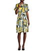 KARL LAGERFELD PARIS Cotton Sateen Printed Point Collar Short Sleeve Belted Shirt Dress, Color:Soft White/French Blue Multi - Image 1