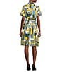 KARL LAGERFELD PARIS Cotton Sateen Printed Point Collar Short Sleeve Belted Shirt Dress, Color:Soft White/French Blue Multi - Image 2