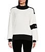 Color:Soft White/Black - Image 1 - Cozy Color Block Contrast Trim Mock Neck Long Sleeve KLP Patch Sweater