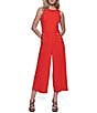 Color:Apple Red - Image 1 - Crepe Round Neck Sleeveless Wide Leg Button Side Pocket Jumpsuit