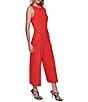 Color:Apple Red - Image 3 - Crepe Round Neck Sleeveless Wide Leg Button Side Pocket Jumpsuit