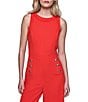 Color:Apple Red - Image 4 - Crepe Round Neck Sleeveless Wide Leg Button Side Pocket Jumpsuit