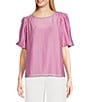 Color:Cyclamen Pink - Image 1 - Crew Neck Short Puff Sleeve Blouse