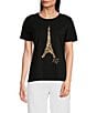 Color:Black - Image 1 - Crew Neck Short Sleeve Eiffel Tower Graphic Tee Shirt