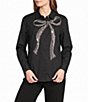 KARL LAGERFELD PARIS Crystal Bow Poplin Point Collar Button Front Blouse - Image 1