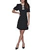 KARL LAGERFELD PARIS Dotted Scuba Crepe Round Neck Short Puff Sleeve Pearl Bow Sheath Dress, Color:Black - Image 1