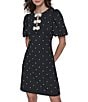 KARL LAGERFELD PARIS Dotted Scuba Crepe Round Neck Short Puff Sleeve Pearl Bow Sheath Dress, Color:Black - Image 3