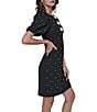 KARL LAGERFELD PARIS Dotted Scuba Crepe Round Neck Short Puff Sleeve Pearl Bow Sheath Dress, Color:Black - Image 4