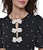 KARL LAGERFELD PARIS Dotted Scuba Crepe Round Neck Short Puff Sleeve Pearl Bow Sheath Dress, Color:Black - Image 5
