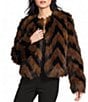KARL LAGERFELD PARIS Faux Fur Chevron Pattern Collarless Front Hook Coat - Image 1