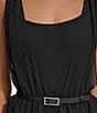 Color:Black - Image 4 - Flat Chiffon Square Neck Sleeveless Belted Dress