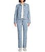 KARL LAGERFELD PARIS Floral Point Collar Long Sleeve Button-Front Jacquard Denim Jacket - Image 3
