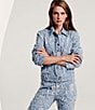 KARL LAGERFELD PARIS Floral Point Collar Long Sleeve Button-Front Jacquard Denim Jacket - Image 5