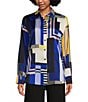 Color:Blue/Gold - Image 1 - Geometric Print Long Sleeve Oversized Point Collar Button Front Blouse
