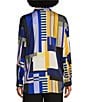 Color:Blue/Gold - Image 2 - Geometric Print Long Sleeve Oversized Point Collar Button Front Blouse