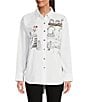 Color:White - Image 1 - Graphic Poplin Long Sleeve Button Front Blouse