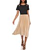 Color:Black/Cappuccino - Image 1 - Shoulder Cut Out Short Sleeve Pleated Midi Dress