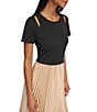 Color:Black/Cappuccino - Image 4 - Shoulder Cut Out Short Sleeve Pleated Midi Dress