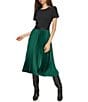 Color:Black/Deep Forest - Image 1 - Mixed Media Crew Neck Short Sleeve Pleated A-Line Midi Dress