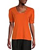 Color:Rust - Image 1 - Mixed Media Short Sleeve Scoop Neck Cotton Top