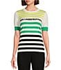 Color:Soft White/Black/Green Stripe - Image 1 - Multi Color Stripe Short Sleeve Knit Shirt