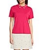 KARL LAGERFELD PARIS Pearl Flower Embellished Point Collar Short Sleeve Polo, Color:Teaberry - Image 1
