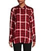 Color:Admiral Red Combo - Image 1 - Plaid Print Long Sleeve KLP Logo Patch Button Front Woven Shirt