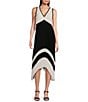 Color:Soft White/Black - Image 1 - Pleated Colorblock V-Neck Sleeveless Midi Dress