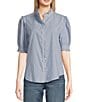 KARL LAGERFELD PARIS Poplin Striped Round Neck Ruffle 3/4 Sleeve Button Front Top, Color:Indigo/White - Image 2