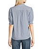 KARL LAGERFELD PARIS Poplin Striped Round Neck Ruffle 3/4 Sleeve Button Front Top, Color:Indigo/White - Image 3