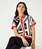 Color:Soft White/Black - Image 6 - Printed Collared Short Sleeve Coordinating Blouse