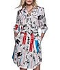 Color:Soft White Multi - Image 3 - Printed Point Collar 3/4 Sleeve Side Pocket Button Down Belted Shirt Dress