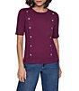 KARL LAGERFELD PARIS Ribbed Knit Crew Neck Short Sleeve Pullover Top - Image 1