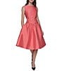 KARL LAGERFELD PARIS Round Neck Drop Waist Taffeta Dress, Color:Sunset Coral - Image 1