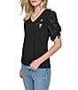 Color:Black - Image 3 - Ruched Short Sleeve Embellished Top