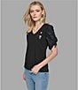 Color:Black - Image 6 - Ruched Short Sleeve Embellished Top