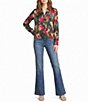 KARL LAGERFELD PARIS Satin Crepe de Chine Floral Collared Neck Button Front Blouse - Image 3