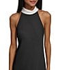 Color:Black/Soft White - Image 4 - Satin Halter Mock Neck Sleeveless Asymmetrical Hem Midi Dress