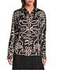 KARL LAGERFELD PARIS Satin Printed Point Collar Long Sleeve Button Front Shirt, Color:Black/Birch - Image 1