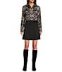 KARL LAGERFELD PARIS Satin Printed Point Collar Long Sleeve Button Front Shirt, Color:Black/Birch - Image 3