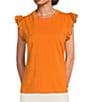 Color:Tangerine - Image 1 - Scalloped Crew Neck Ruffle Cap Sleeve Knit Top