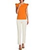 Color:Tangerine - Image 3 - Scalloped Crew Neck Ruffle Cap Sleeve Knit Top