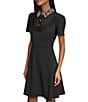 Color:Black - Image 3 - Scuba Crepe Beaded Collar Ruffle Trim Short Puff Sleeve Dress